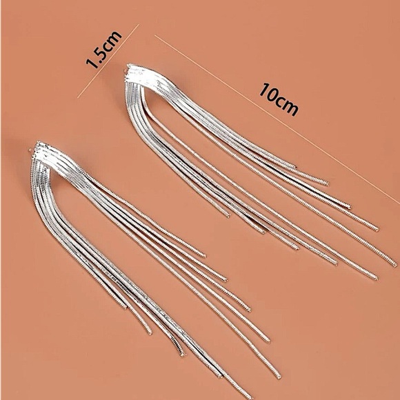 Sterling Silver Chain Tassel V Design Earrings - Picture 7 of 8